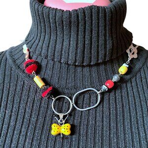 CREATION - Colorful Beaded Necklace with Butterfly Pendant - yellow red black